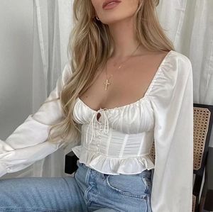 Satin Peplum Corset Blouse in Ivory